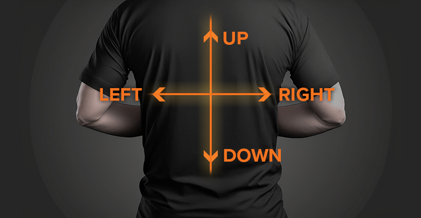 Diagram of a persons back with arrows indicating up and down movement, and left and right