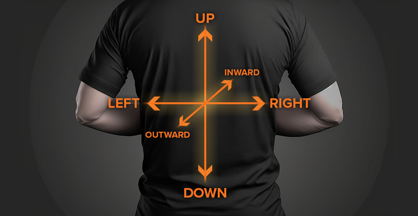 Diagram of a persons back with arrows indication up and down, left and right, and in and out movement